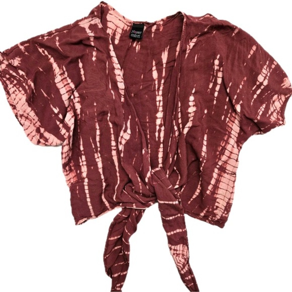 Happy Colors Womens Crop Top Tie Front Maroon Tie Dye Boho Hippie Festival Indie